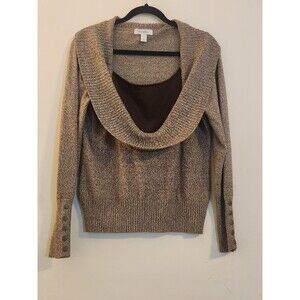 Dressbarn Women's Size Large Petite Brown Cowel Neck‎ W/INSET L/Slv  SWEATER